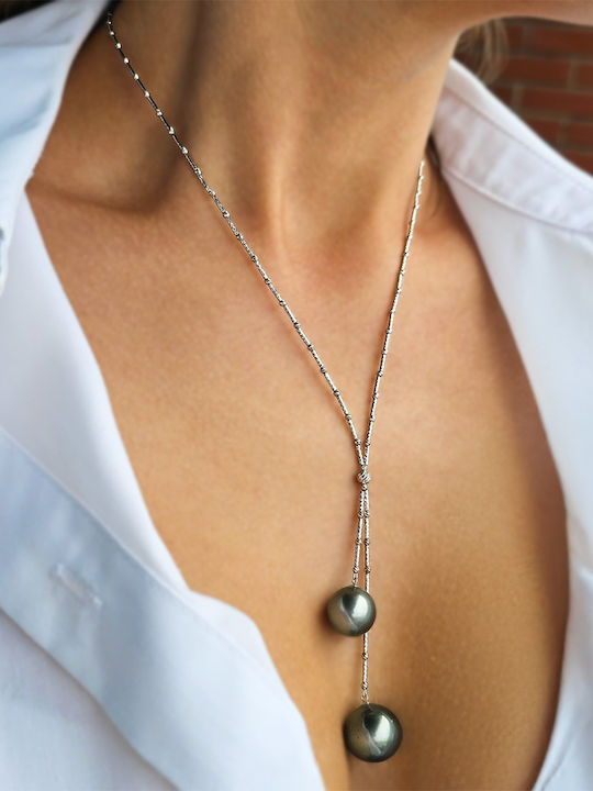 Necklace 18k White Gold Elements Black Pearls South Sea F126564