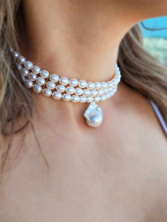 Κολιέ Choker Κ14 Χρυσό Κούμπωμα 3 Σειρές Μαργαριτάρια Μενταγιόν Μαργαριτάρι Baroque F126488