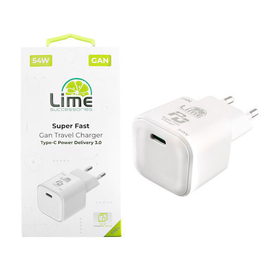 Lime Charger Without Cable GaN with USB-C Port 54W Power Delivery Whites (LTC54W)