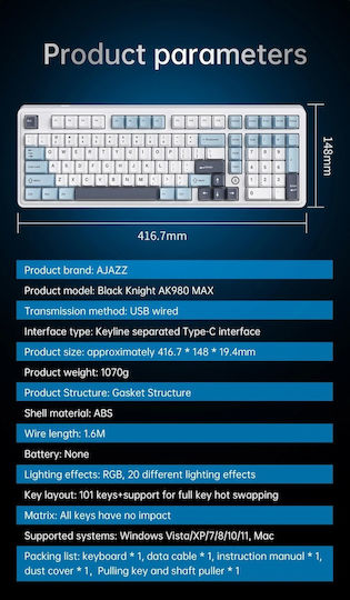 Ajazz AK980 MAX Gaming Μηχανικό Πληκτρολόγιο με Soldier King διακόπτες και RGB φωτισμό (Αγγλικό US)