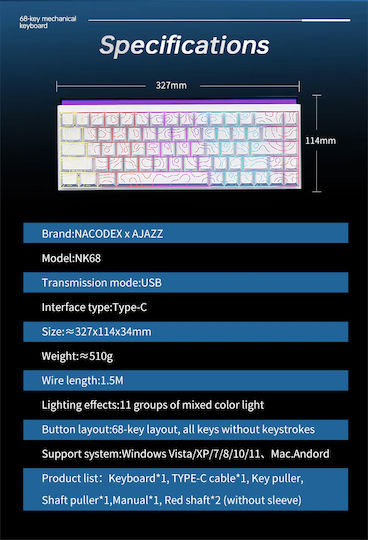 Ajazz NK68 Gaming Mechanical Keyboard 65% with Custom Red switches and RGB lighting (English US) Black Contours