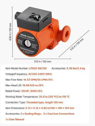 Κυκλοφορητής Vevor Lps25-6s/130 Χυτοσίδηρο 1/8 Hp 220-240v 55 Lpm Αντλία Κυκλοφορίας Ζεστού Νερού Ανακυκλοφορία Σύνδεση Σπείρωμα Ρύθμιση 3 Ταχυτήτων Αθόρυβη Λειτουργία Σύστημα Θέρμανσης Σπιτιού