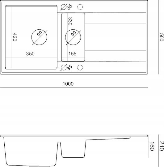 GraniteQ EVAN 156 Drop-In Sink Left Inox W100xD50cm Snow White