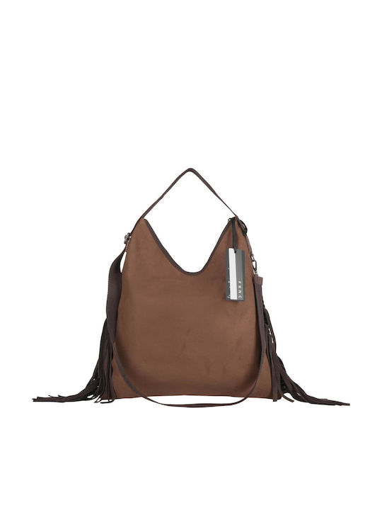 Leder Damen Schultertasche Wildleder mit Fransen Tabac