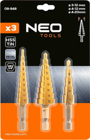 Neo Tools Σετ 3 Κωνικά Τρυπάνια HSS Τιτανίου για Μέταλλο