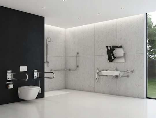 Gebogener Klapphandlauf Ø 32mm Bodengeschraubt Aus Aisi 304 Edelstahl Polierte Oberfläche Option Zur Montage von Toilettenpapierhalter Pbpx Abmessung 600 Mm