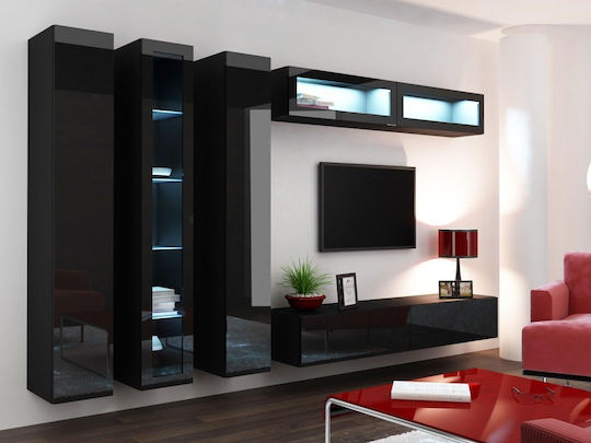 Vigo 180 Living Room Display Cabinet Made of Particle Board with Windowed Black Black Gloss 40x30x180cm
