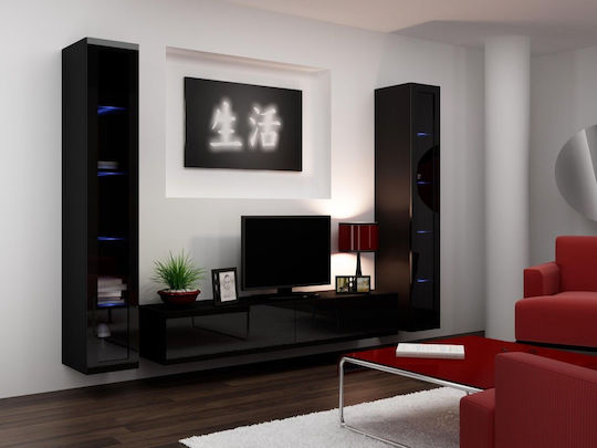 Vigo 180 Living Room Display Cabinet Made of Particle Board with Windowed Black Black Gloss 40x30x180cm
