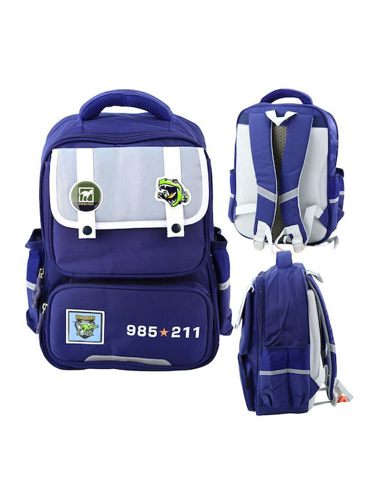 School Backpack Dinosaur Patches Chest Strap Navy 39x27x15cm