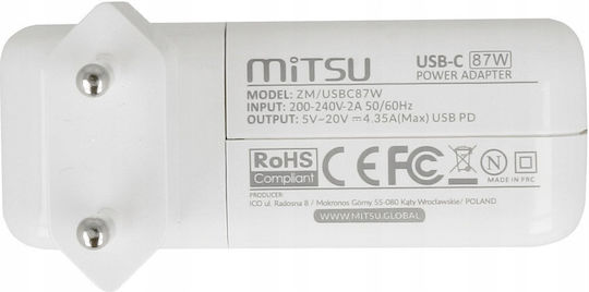 Mitsu 87w Usb-c Power Adapter Usbc 5-20.2v 3-4.3a White Notebook