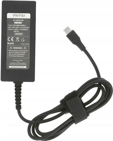 Mitsu 45w Usb-c Power Adapter Usbc 5-20v 2-3a Black Notebook