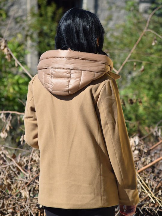 Women's Puffer Jacket for Winter with Detachable Hood Camel