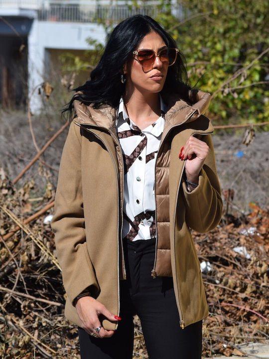 Women's Puffer Jacket for Winter with Detachable Hood Camel