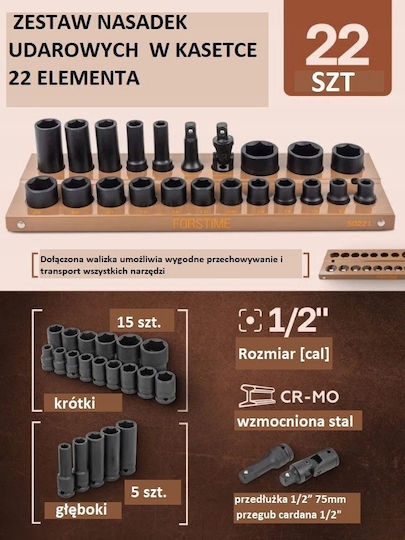 Forcekraft Καρυδάκια Αέρος με Καρέ Υποδοχής 1/2", HEX Σετ 22τμχ