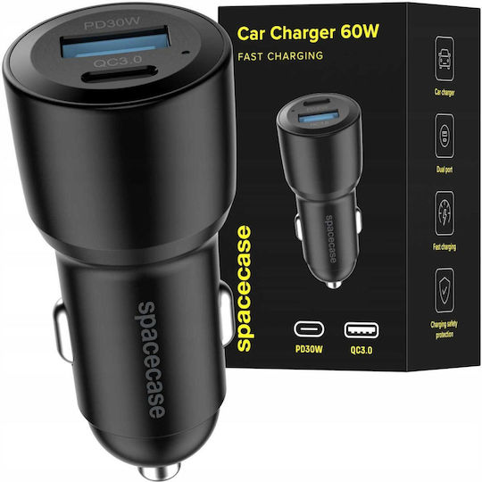 Spacecase Spacecase Autoladegerät 60W 2.5A Schnellladen mit Anschlüssen 1xUSB-A 1xType-C Schwarz Farbe