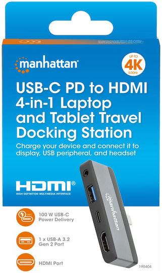 Manhattan USB-C Докинг станция с HDMI 4K PD Сив (190404)