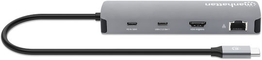 Manhattan USB-C Docking Station με HDMI 4K PD Ethernet Γκρι (190459)