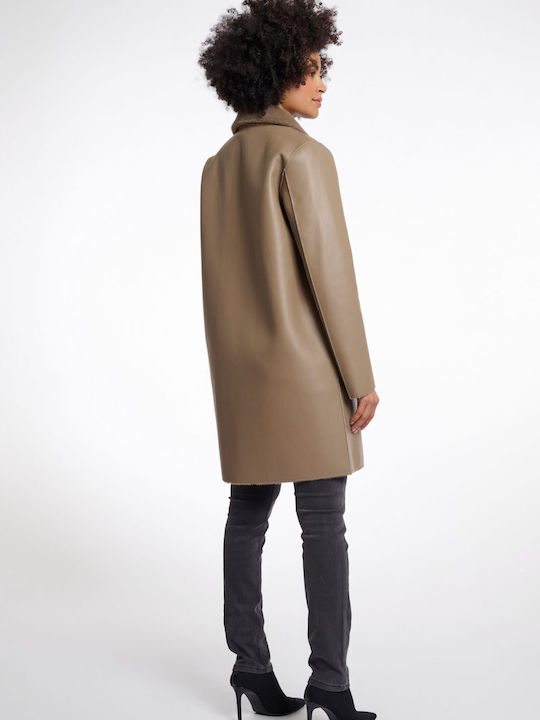 “ivon” Leather Women's Taupe Coat with Fur Details