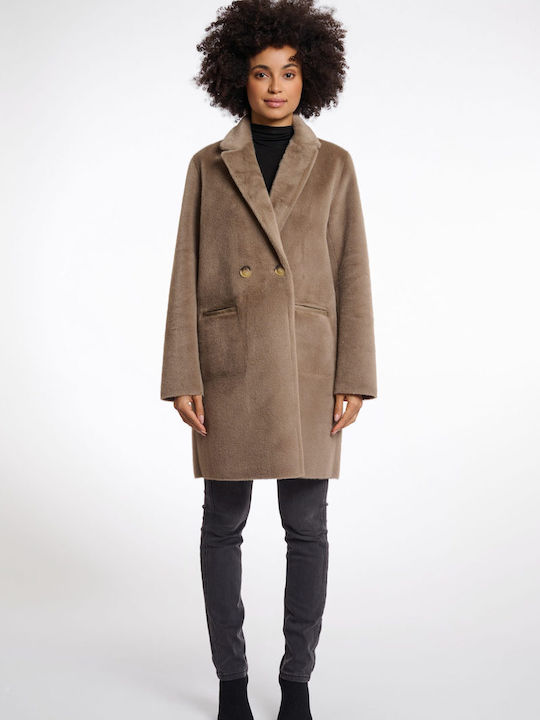 “ivon” Leather Women's Taupe Coat with Fur Details