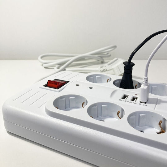 Technik Power Strip with Surge Protection 8 Positions with 3 USB-A, USB-C, Switch and Cable 1.5m