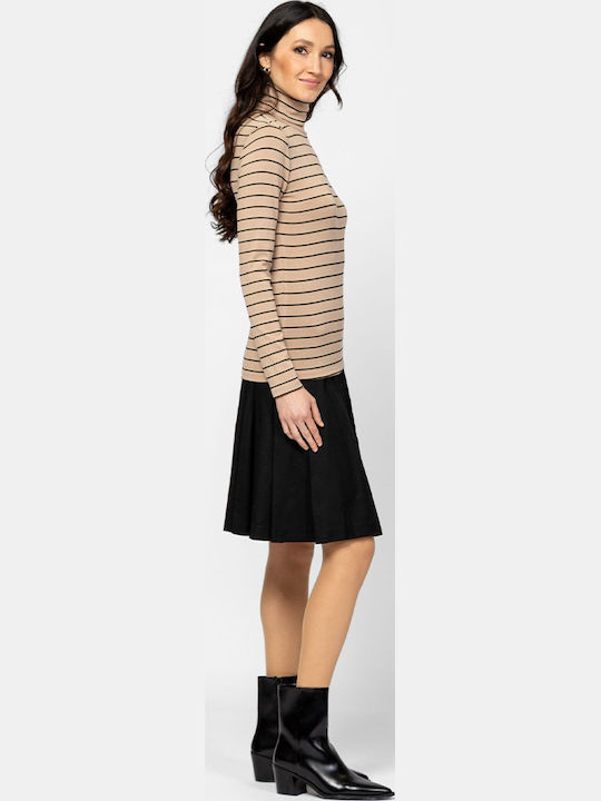 Women's Blouse Cotton Long Sleeve Turtleneck Striped Beige