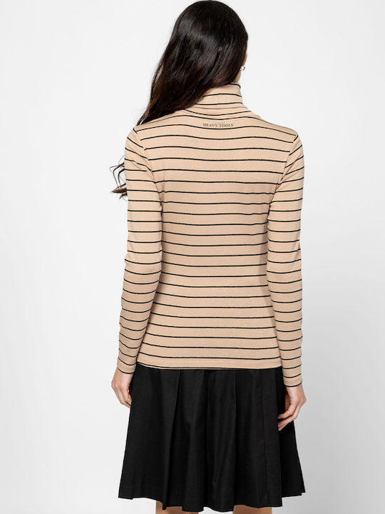 Women's Blouse Cotton Long Sleeve Turtleneck Striped Beige