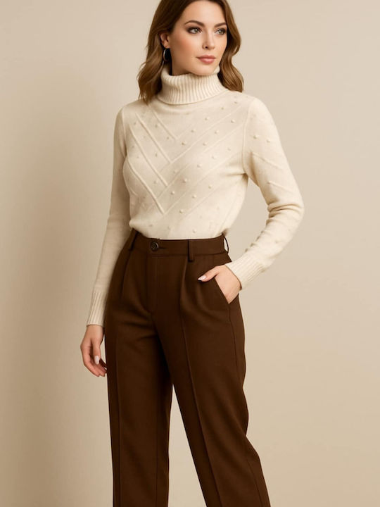 Women's High-waisted Fabric Trousers Brown