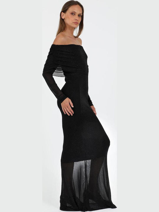 Maxi Evening Dress with Mesh Black