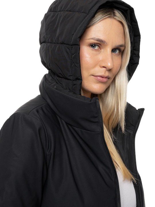Women's Long Lifestyle Jacket for Spring or Autumn with Detachable Hood Black