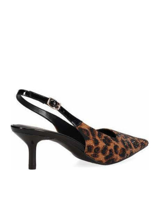 Synthetic Leather Brown Heels with Strap Animal Print