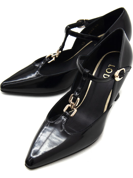 Patent Leather Pointed Toe Black High Heels with Strap