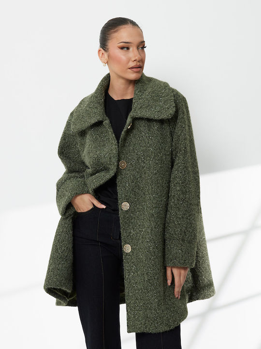Wolle Damen Green Mantel Oversized mit Knöpfen
