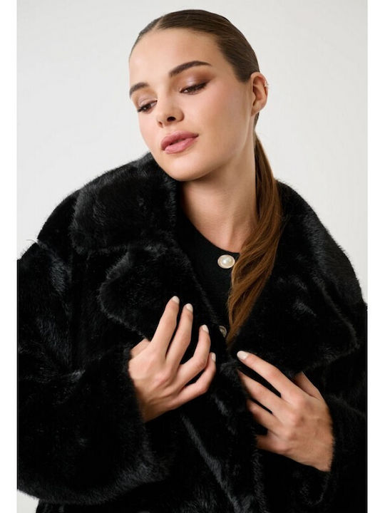 Women's Black Coat with Fur Details