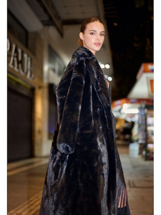 Women's Black Coat with Fur Details