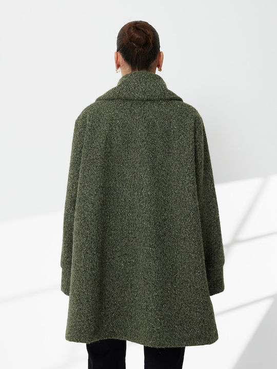 Wolle Damen Green Mantel Oversized mit Knöpfen