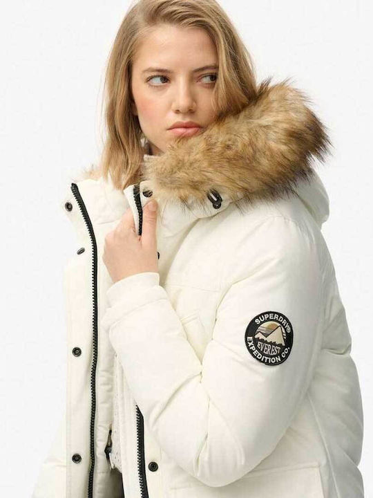 Everest Faux Μακρύ Γυναικείο Puffer Μπουφάν για Χειμώνα Off White