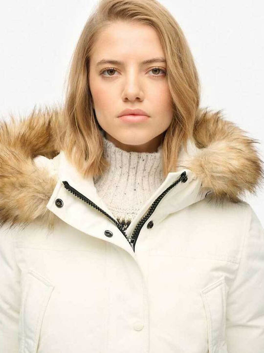 Everest Faux Μακρύ Γυναικείο Puffer Μπουφάν για Χειμώνα Off White