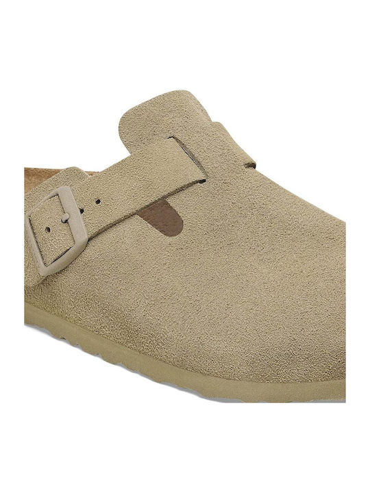 Birkenstock Boston Leather Velvet Faded Khaki Women's Slippers