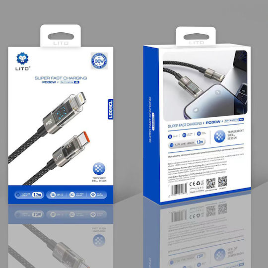Lito Data LED USB-C to Lightning Cable 36W Μαύρο 1.2m
