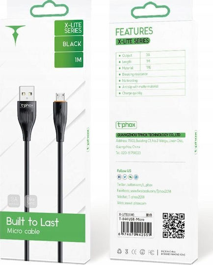 T-Phox X-Lite Regular USB 2.0 to micro USB Cable Μαύρο 1m (1662970293)