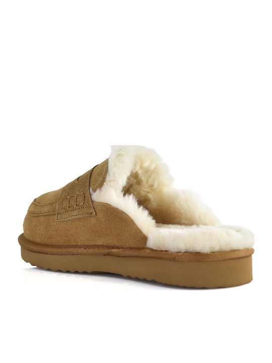 Leather Winter Women's Slippers Brown