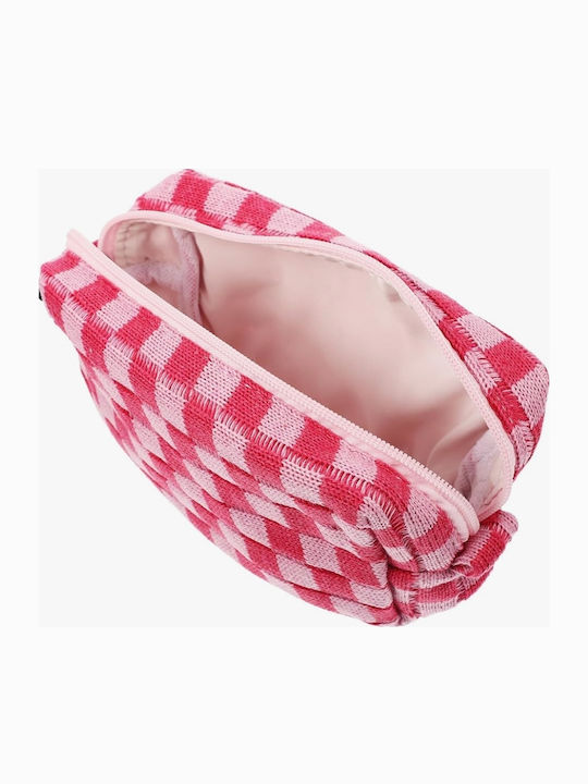 Toiletry Bag Cosmetic Woven Checkered Pink Zipper