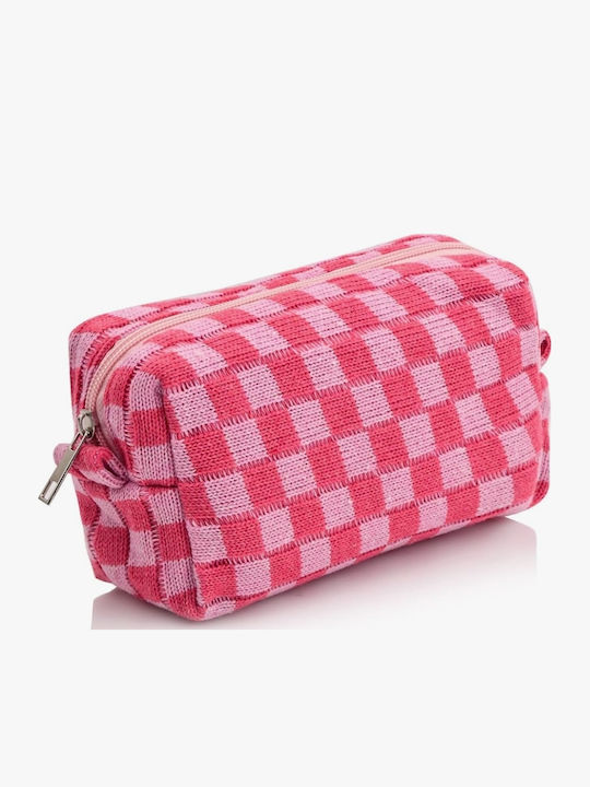 Toiletry Bag Cosmetic Woven Checkered Pink Zipper