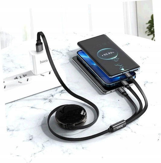 Hoco 3in1 Usb A Retractable USB to Lightning / micro USB / Type-C Cable 2A Μαύρο 1m