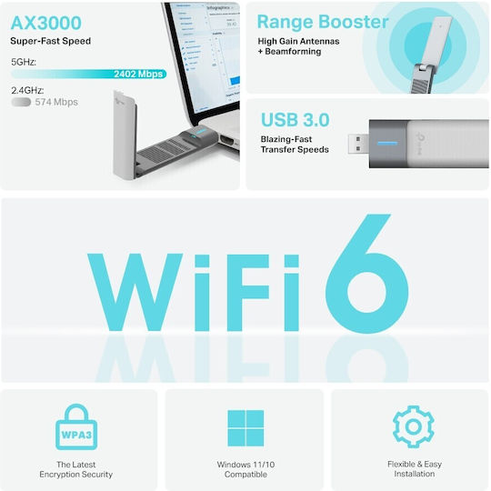 Мрежов адаптер Tp-link Archer Tx50uh 3000 Mbps Безжичен Ax Usb 3.0 2 вътрешни антени