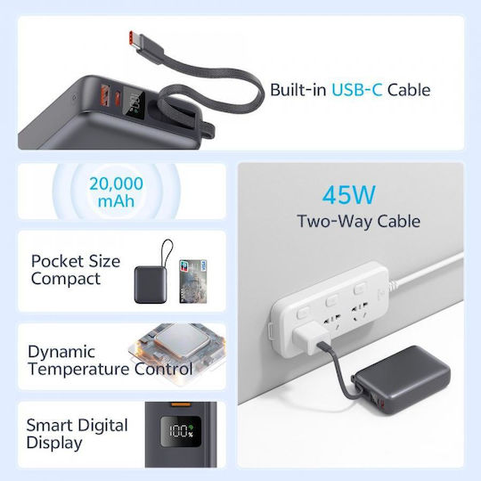 QCY PB20A Power Bank 20000mAh 45W mit USB-A Ausgangsanschluss und USB-C Ausgangsanschluss Power Delivery Grau
