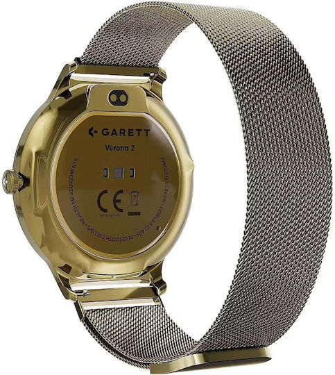 Garett Verona 2 Stainless Steel 43mm Smartwatch με Παλμογράφο (Gold Mesh)