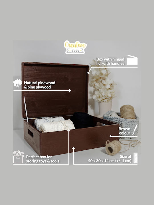 Cutie de Depozitare Mare din Lemn Creative Deco XL Maro 40 X 30 X 14 Cm + 1 Cm Mânere Capac Decorativ Perfectă pentru Documente Memorii Jucării Unelte