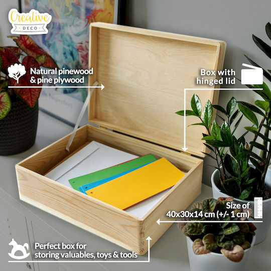 Creative Deco Xl Large Wooden Box Lock Lid Decoration 40 X 30 X 14 Cm + 1 Cm Without Handles Wooden Chest Documents Toys Tools Raw Unfinished