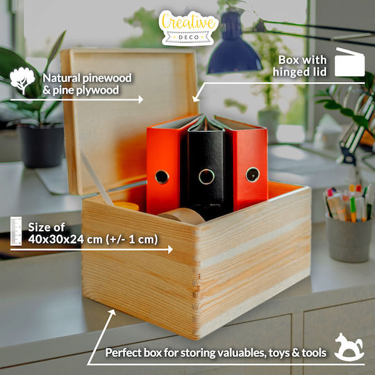 Creative Deco Xxl Large Wooden Box Lid Decoration 40 X 30 X 24 Cm + 1 Cm Without Handles Unpainted Wooden Chest Documents Toys Tools Raw Unfinished